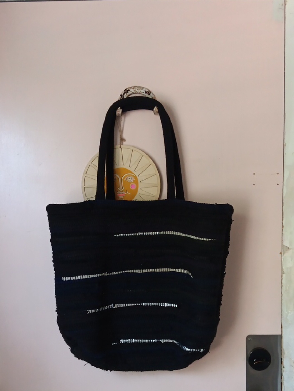 Black Woven Rag Rug Tote Bag with Metallic Silver Detail